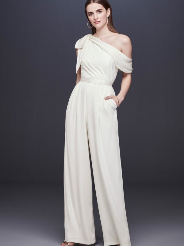 One-Shoulder Crepe Wedding Jumpsuit with Bow DS870059