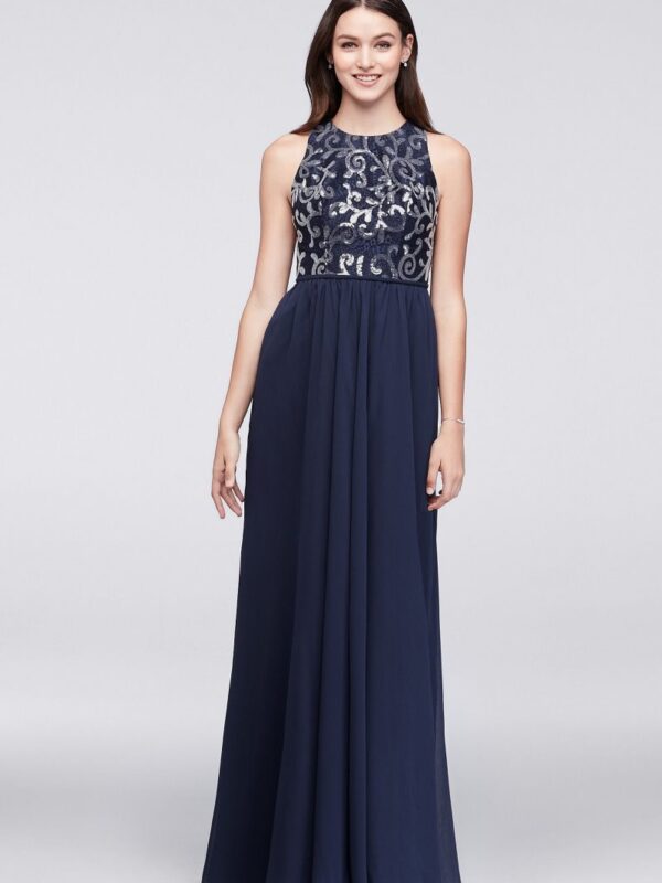 High Neck Sequined Lace and Chiffon Dress F19452