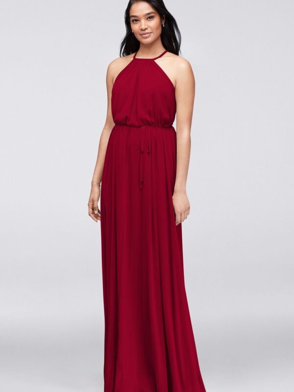 Soft Mesh Halter Bridesmaid Dress with Slim Sash F19533