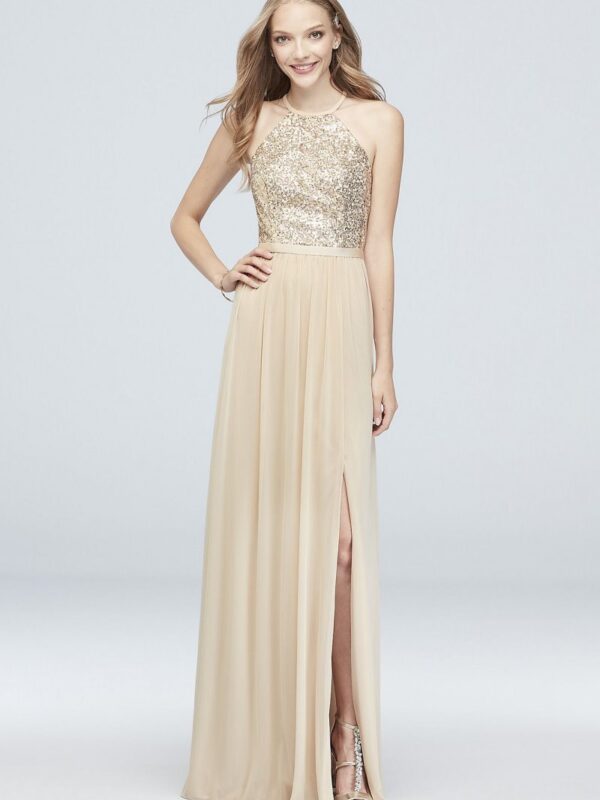 Open-Back Sequin and Mesh Bridesmaid Dress F19608S