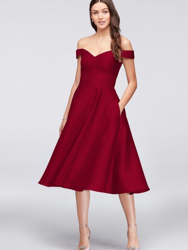 Off-the-Shoulder Tea-Length Bridesmaid Dress F19743