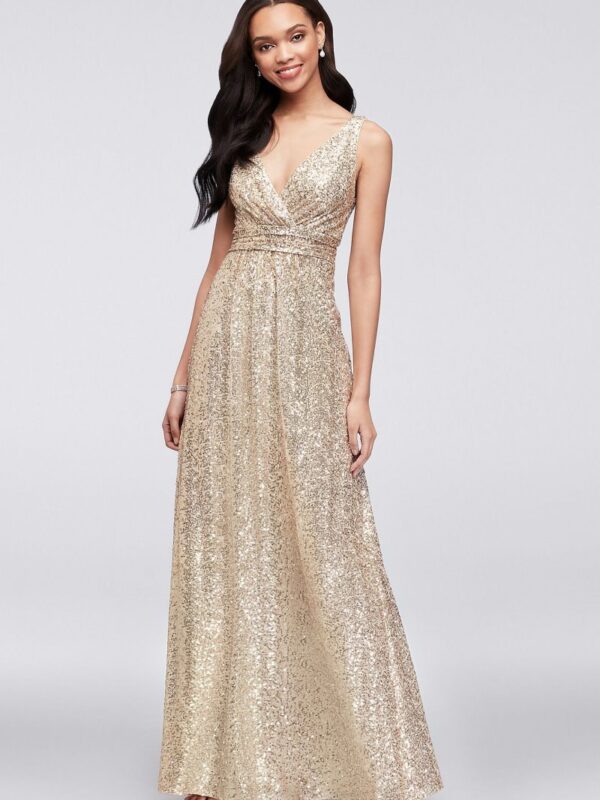 Sequin V-Neck Bridesmaid Dress with Satin Piping F19787