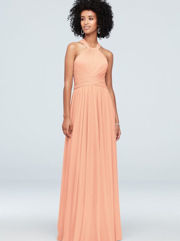 High-Neck Mesh Bridesmaid Dress with Full Skirt F19931