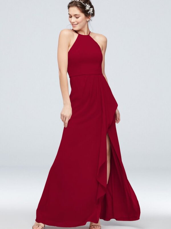 High-Neck Chiffon Bridesmaid Dress with Cascade F20014