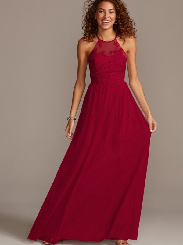 High-Neck Embroidered Soft Net Bridesmaid Dress F20118