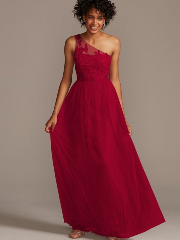 One-Shoulder Embroidered Soft Net Bridesmaid Dress F20121