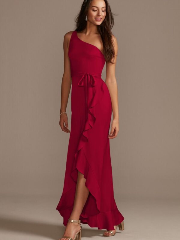 One Shoulder Crepe Satin Ruffle Bridesmaid Dress F20207