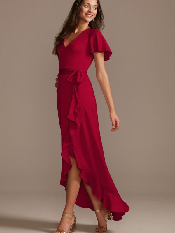 Flutter Sleeve Crepe Satin Ruffle Bridesmaid Dress F20209