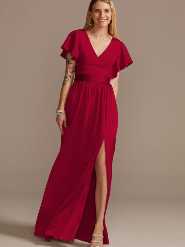 Flutter Sleeve V-Neck Charmeuse Bridesmaid Dress F20347