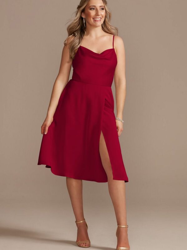 Satin Spaghetti Strap Cowl Midi Bridesmaid Dress F20392