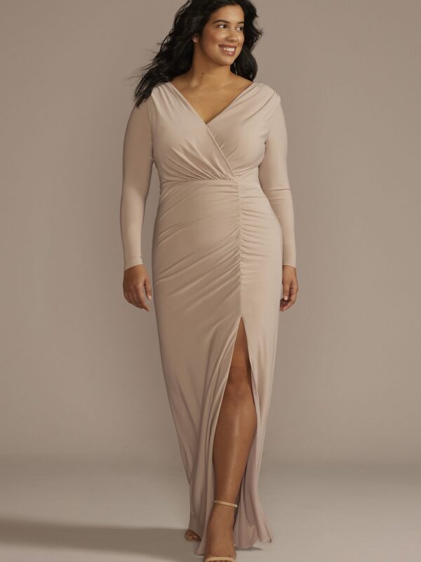 Long Sleeve Ruched Jersey Sheath Bridesmaid Dress F20681