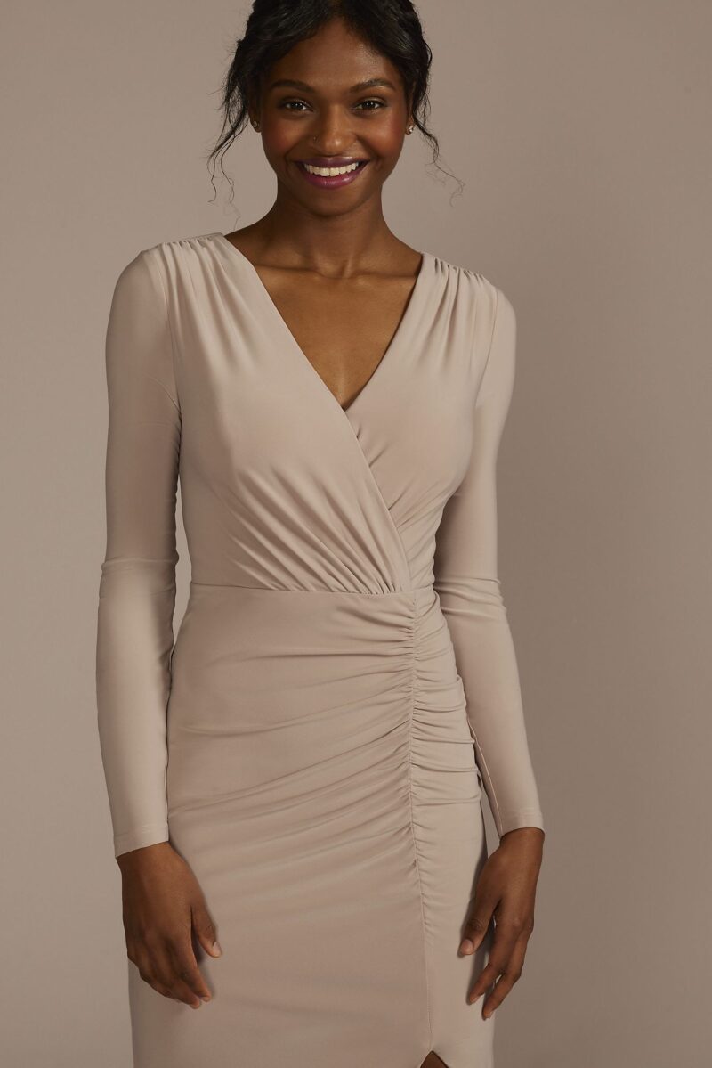 Long Sleeve Ruched Jersey Sheath Bridesmaid Dress F20681