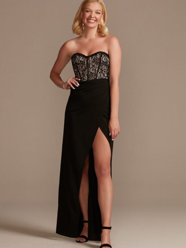 Lace Bodice Strapless Gown with Asymmetrical Waist GS28NY2103