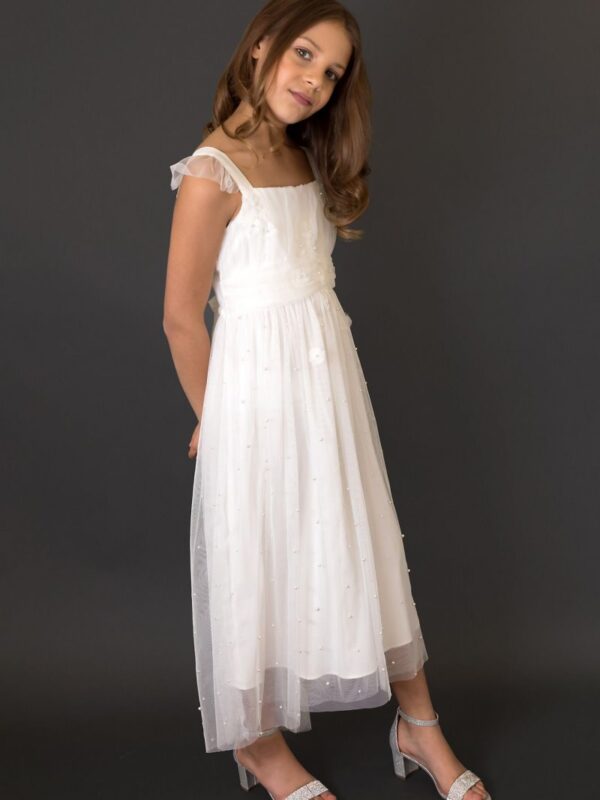 3D Flower Flutter Sleeve Girls Dress with Pearls US Angels JB-762