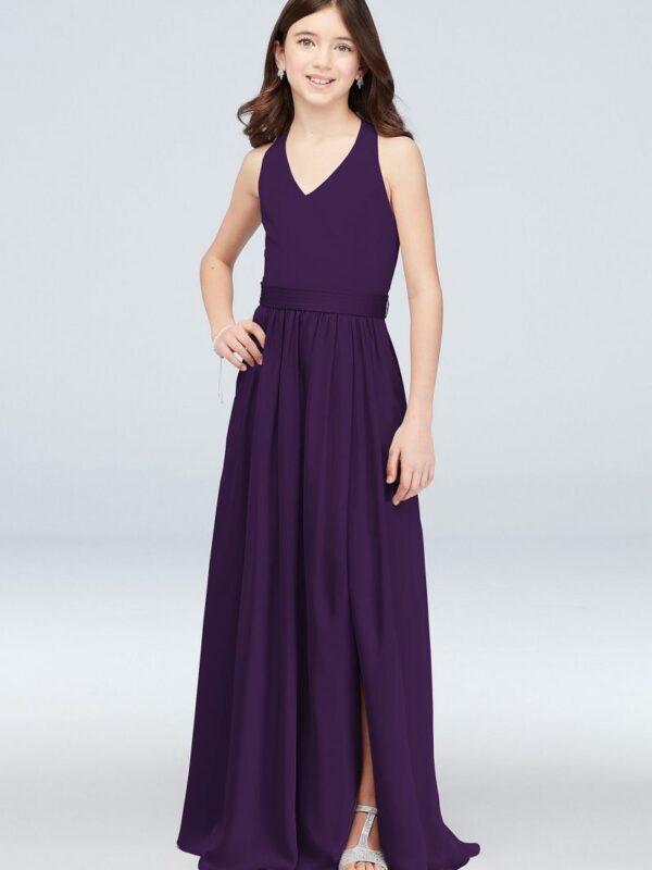 V-Neck Halter Junior Bridesmaid Dress with Sash JBVW0214