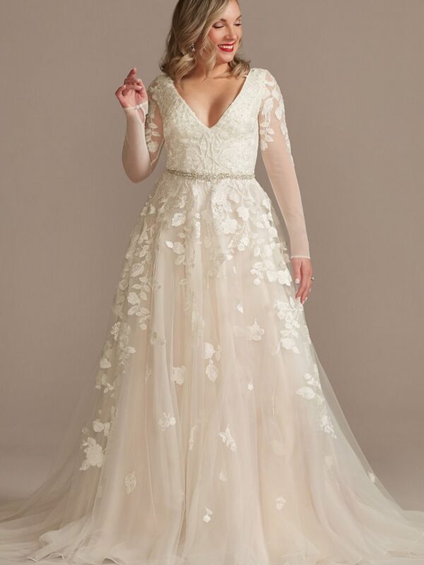 Illusion Long Sleeve Applique Plunge Wedding Dress LBSWG820