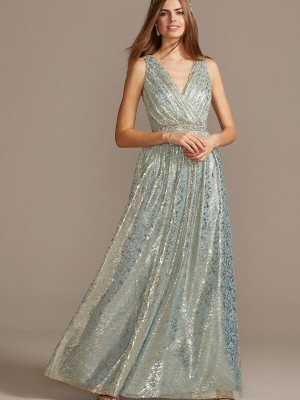 Metallic Foil Pleated V-Neck Gown with Belt Teeze Me M498441