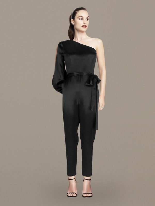 One-Shoulder Satin Jumpsuit with Tie Waist Aidan Mattox MN1E204303