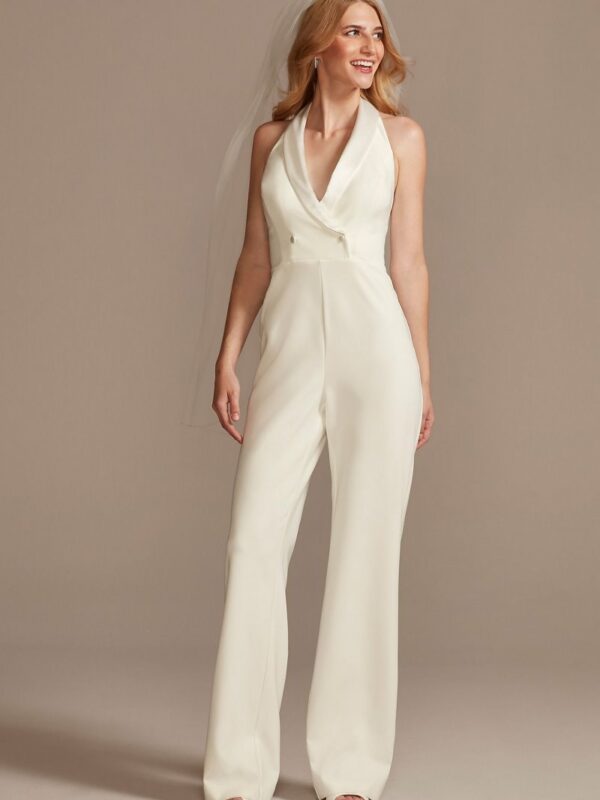 Tuxedo Halter Jumpsuit with Satin Lapel V-Neckline MN1E204688