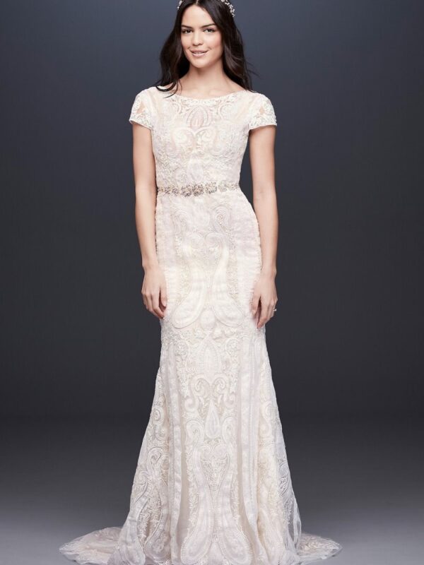 Laser-Cut Lace Illusion Cap Sleeve Wedding Dress  MS251194