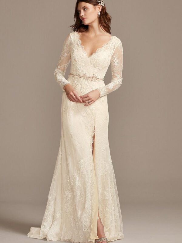 Illusion Long Sleeve Faux Surplice Wedding Dress  MS251219