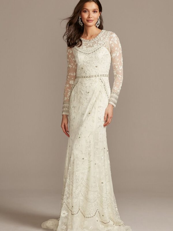 Illusion Long Sleeve Beaded Overlay Wedding Dress  MS251222