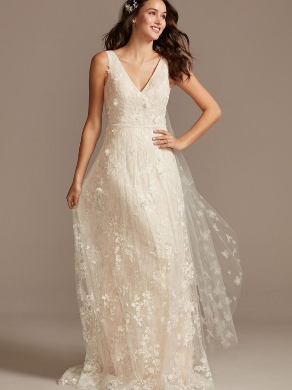 Floral Embroidered Wedding Dress with Veiled Train  MS251228