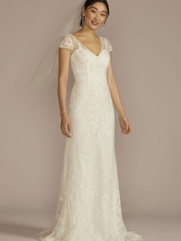 Cap Sleeve V-Neck Beaded Lace Sheath Wedding Dress MS251268