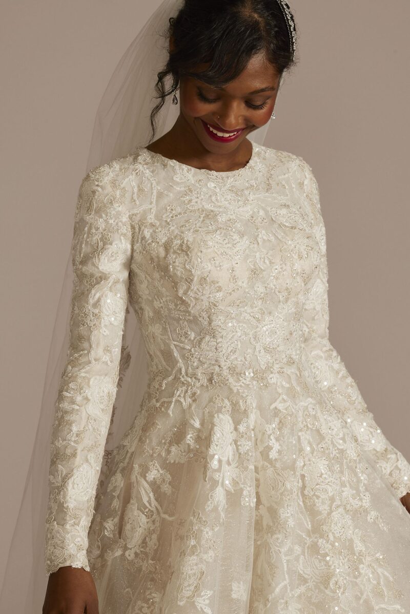 Beaded Lace Long Sleeve Modest Wedding Dress MSLCWG833