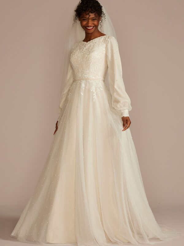 Long Sleeve Pearl Tulle Modest Wedding Dress MSLCWG889