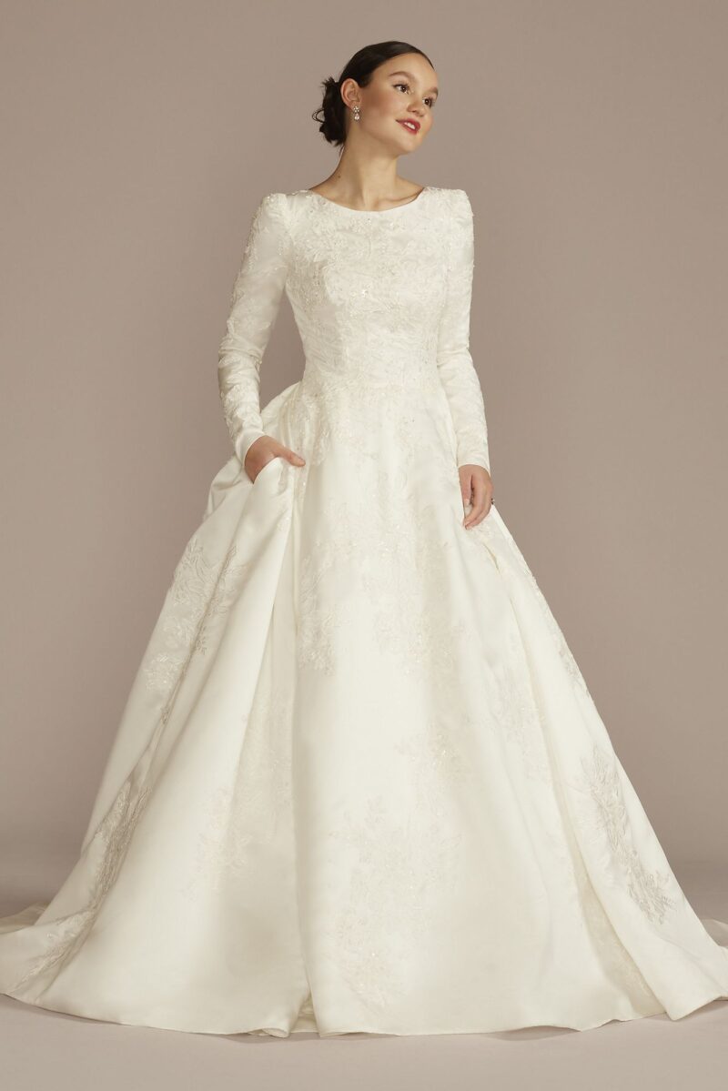 Long Sleeve Beaded Lace Modest Wedding Dress MSLCWG965