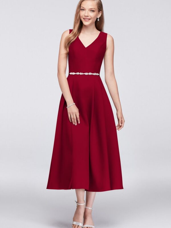 V-Neck Mikado Tea-Length Bridesmaid Dress  OC290027