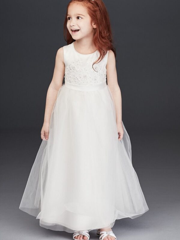 Beaded Applique Flower Girl Dress with Tulle Skirt OP263