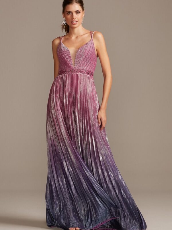 Metallic Pleated Ombre Gown with Plunge Illusion Night Studio S20224