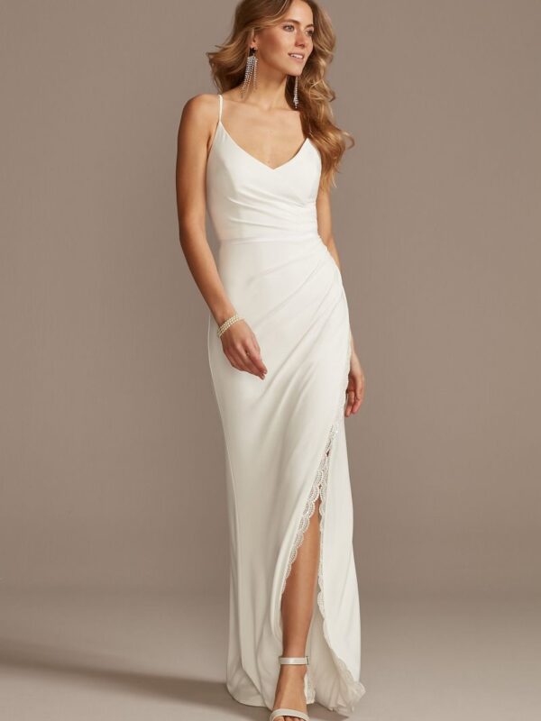 Ruched Spaghetti Strap Jersey Dress with Lace Slit SDWG0815