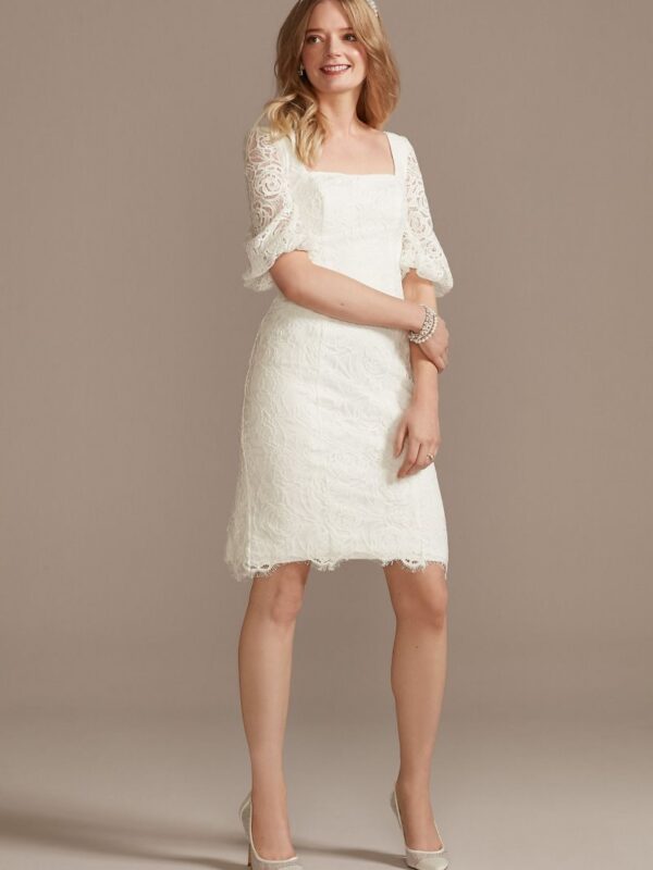 Lace Square Neck Mini Dress with Bubble Sleeves SDWG0913