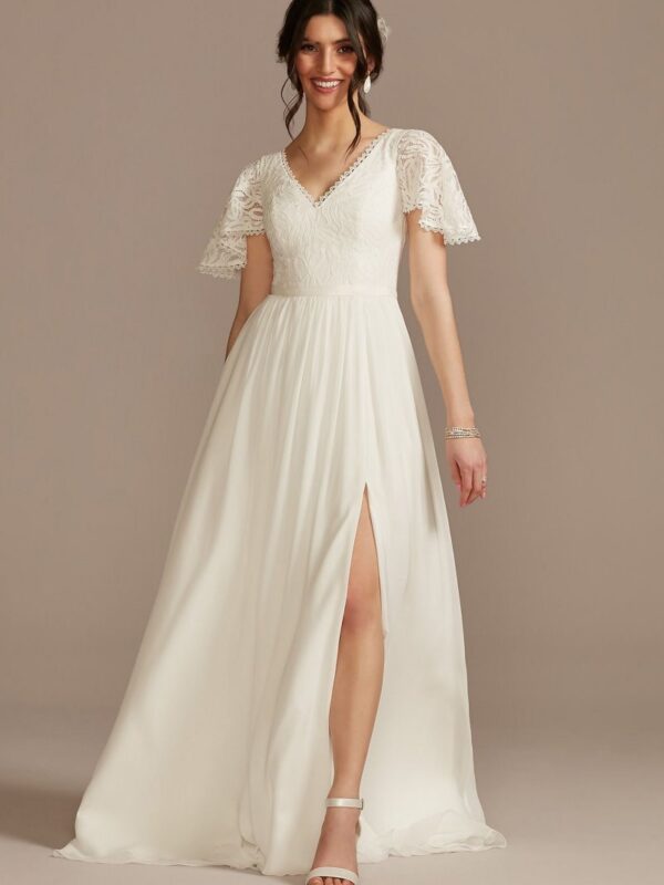 Lace Chiffon Flutter Sleeve A-Line Wedding Dress SDWG0974