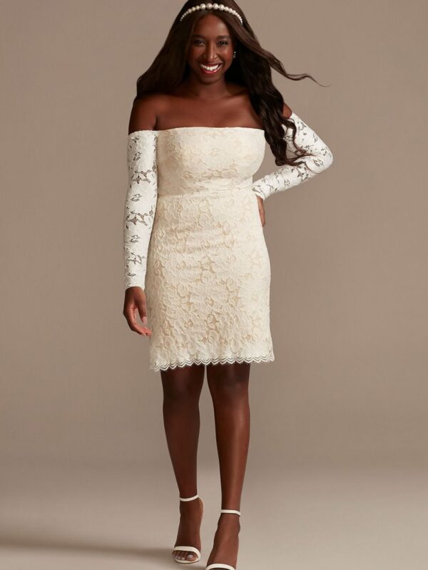 Long Sleeve Off Shoulder Stretch Lace Short Dress  SDWG0979