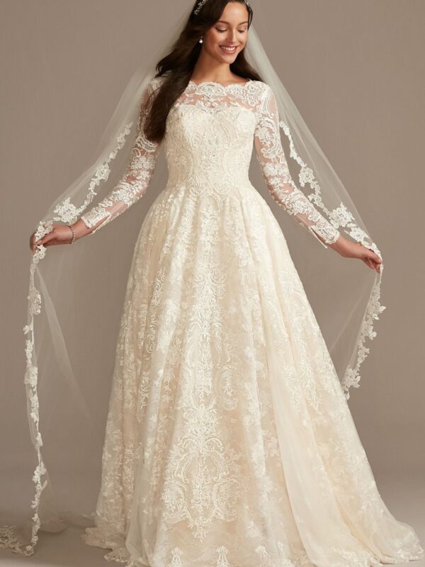 Long Sleeve Beaded Lace Folded Skirt Wedding Dress  SLCWG780