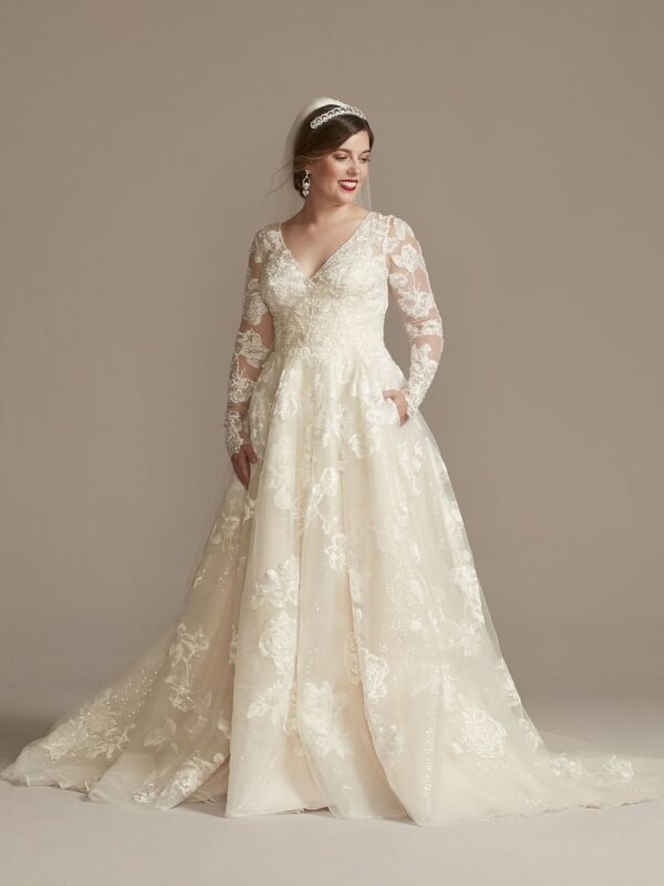 Large Floral Applique Long Sleeve Wedding Dress  SLCWG879