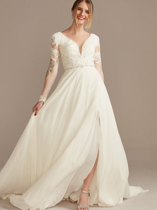 Long Sleeve Lace Applique Plunging Wedding Dress SLLBSWG842