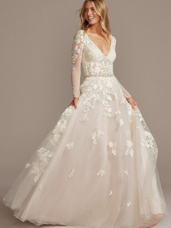 Illusion Sleeve Plunging Ball Gown Wedding Dress SWG820