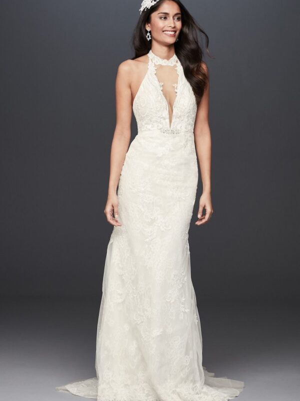 Plunge Neckline Lace Halter Wedding Dress SWG825