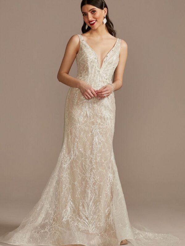 Horsehair Trim Beaded Lace Low Back Wedding Dress SWG900