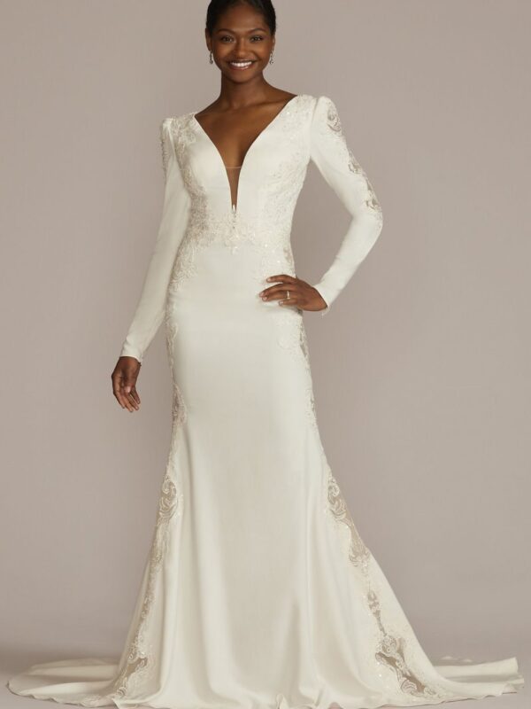 Long Sleeve Crepe Mermaid Gown with Illusion Sides SWG919