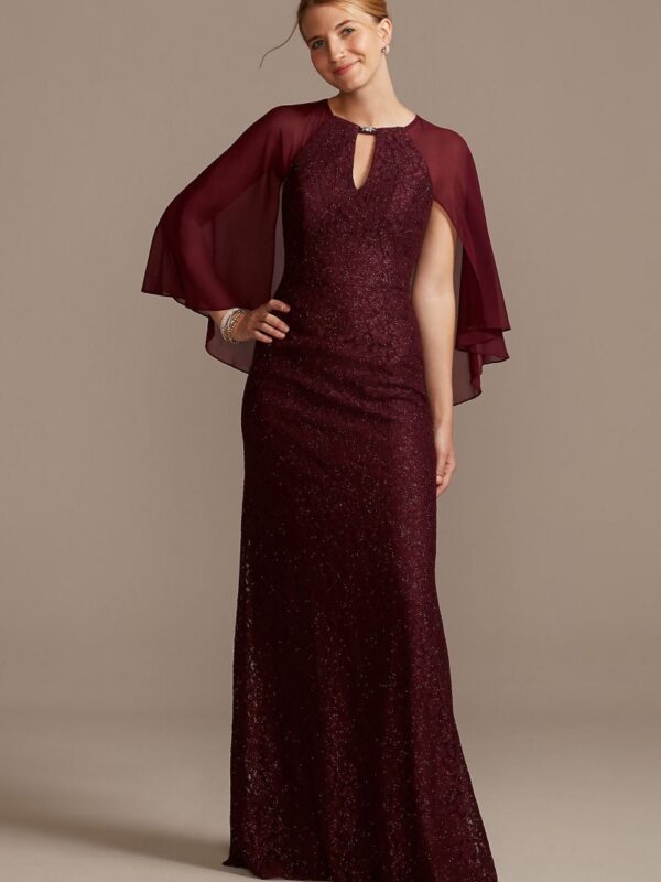 Glitter Lace Sheath Dress with Cape Sleeves WBM2132