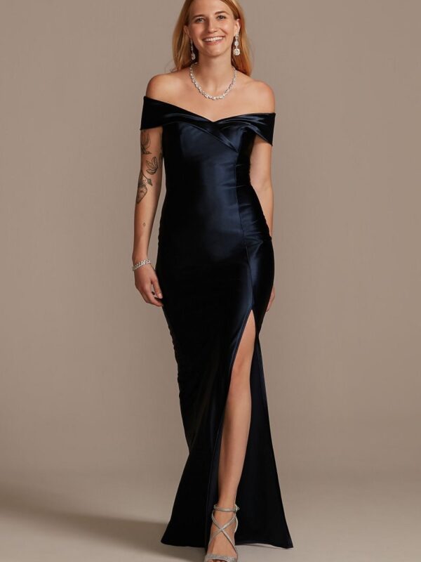 Stretch Satin Off the Shoulder Dress with Slit WBM2139