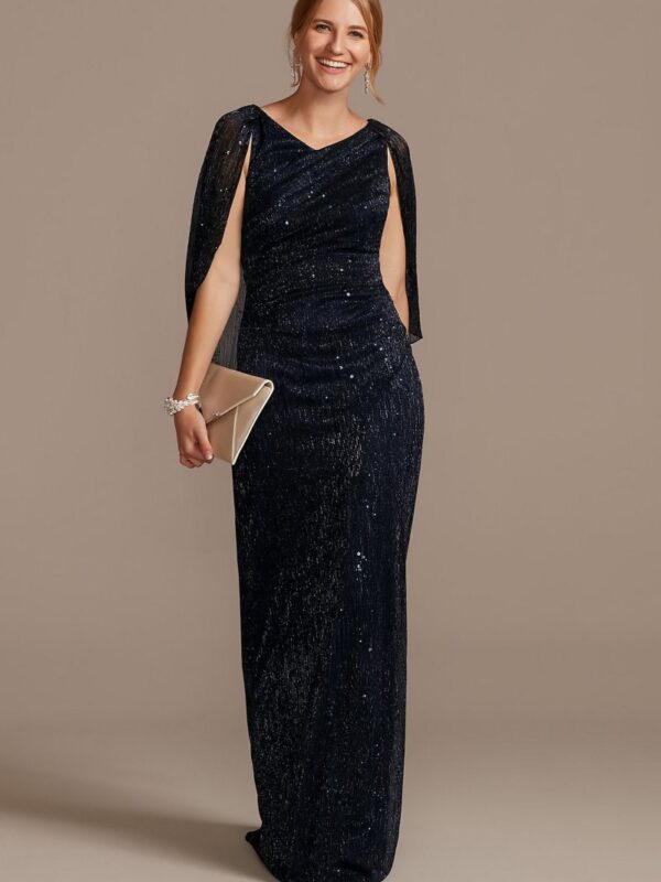 Metallic and Sequin Knit Gown with Chiffon Capelet WBM2187