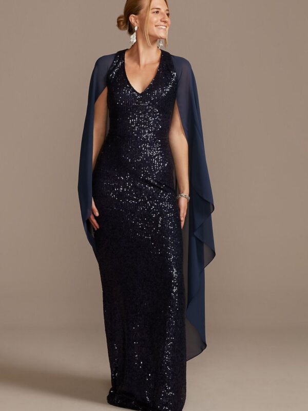 Allover Sequin Gown with Attached Chiffon Capelet WBM2189