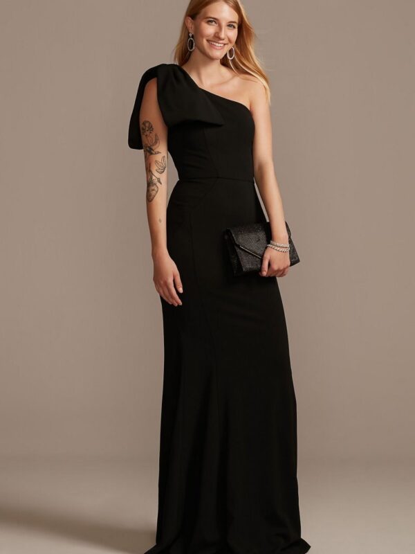 Stretch Crepe Asymmetric Gown with Shoulder Bow WBM2196V2